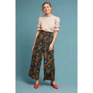 Anthropologie Skies Are Blue Floral Wide Leg Pants XS Paperbag Waist Teal Yellow